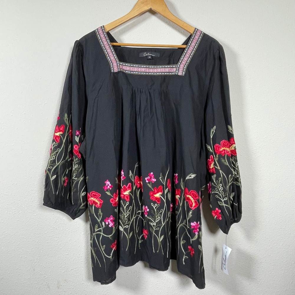 Calessa Embroidered Floral Peasant Blouse Women 3X Black Cotton Boho Square Neck